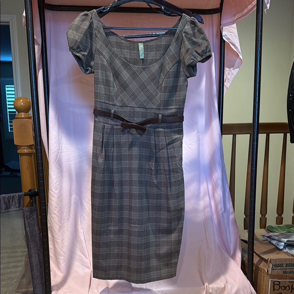 Plaid Puff Sleeve Dress with Belt - Brown by Lush